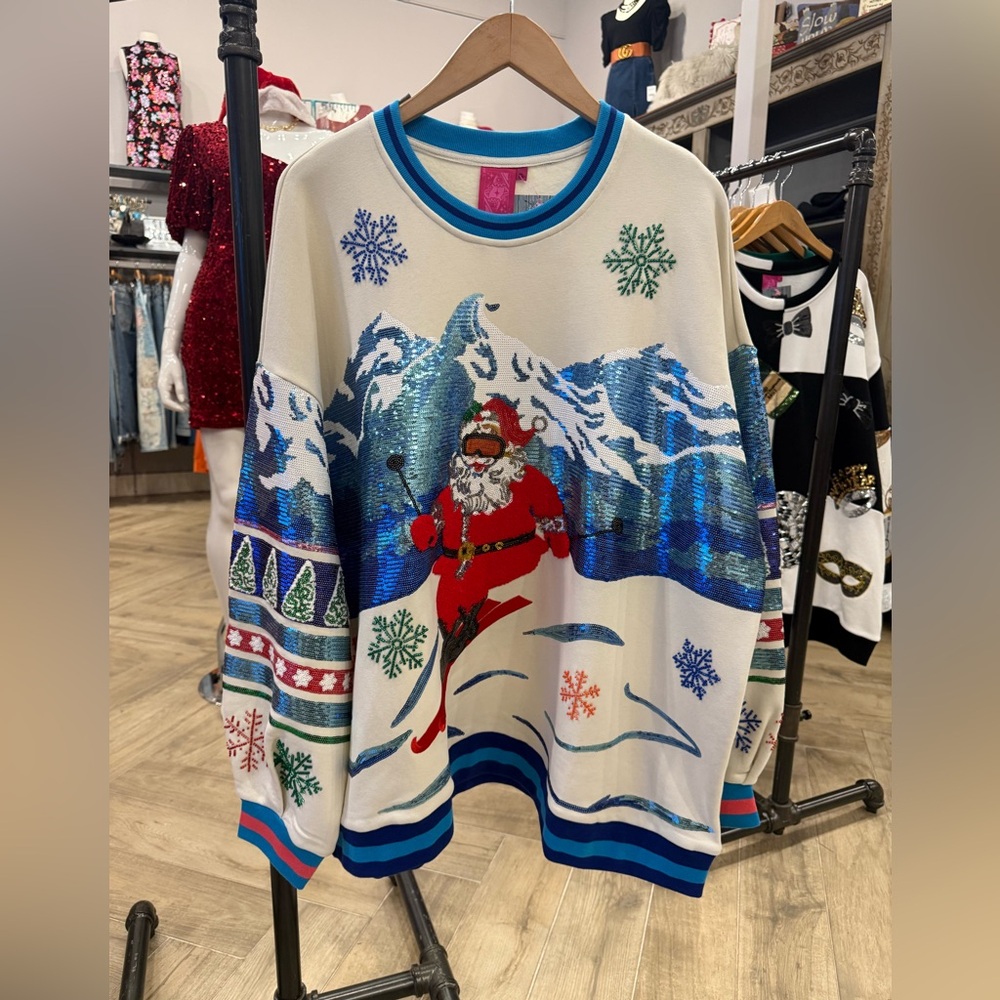QUEEN OF SPARKLES Santa Skiing Sweater - Red, Blue, White